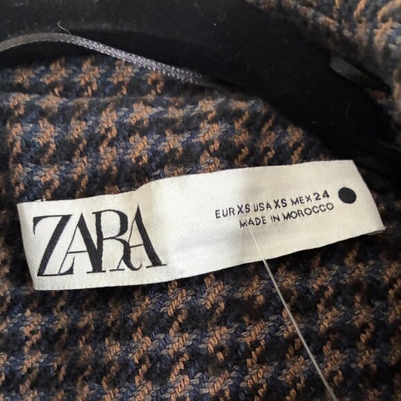 Zara Houndstooth Long Coat, Doublebreasted (Blue, Brown, Black), Wool Blend - Picture 5 of 6